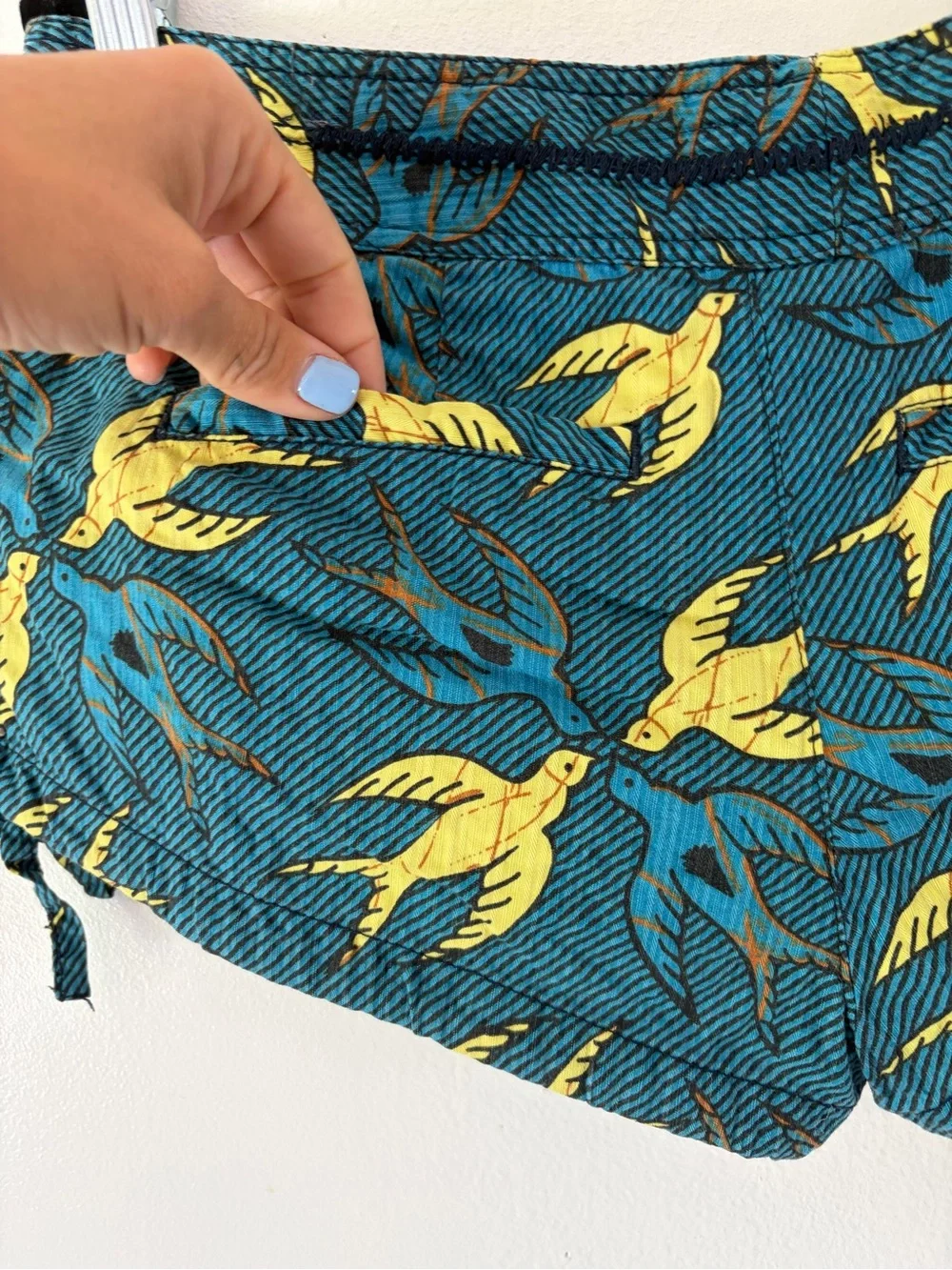 Free People Bird Print Side Tie Blue & Yellow Micro Mini Shorts Size 8
